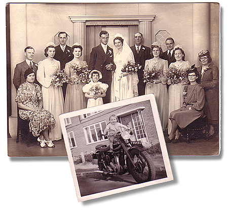 Wedding Photograph of Alex Selina & Helena Batty, with inset pic of Howard Selina, aged c. 1 on a motorbike