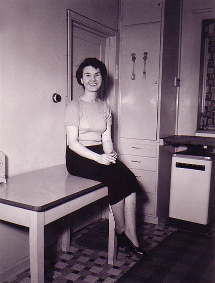 Joan in the kitchen of 152 Brooklands Avenue